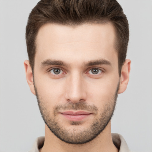 Neutral white young-adult male with short  brown hair and brown eyes