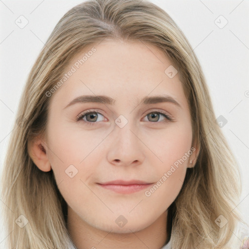 Neutral white young-adult female with long  brown hair and brown eyes