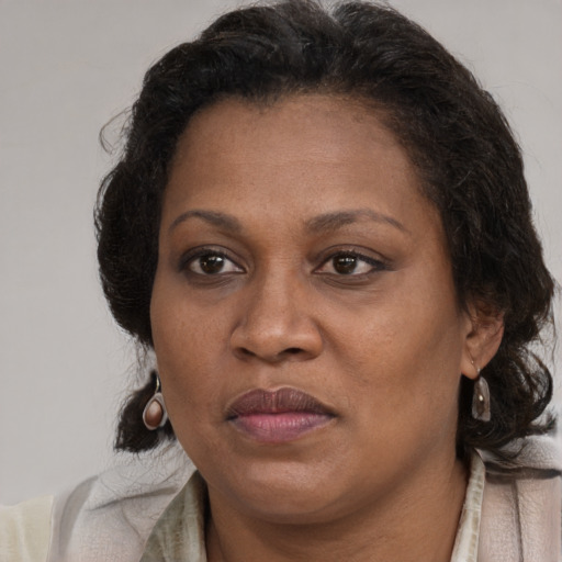 Joyful black adult female with long  brown hair and brown eyes