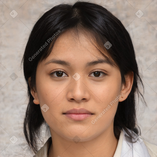 Neutral asian young-adult female with medium  black hair and brown eyes