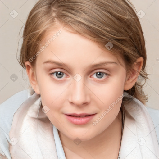 Joyful white child female with medium  brown hair and brown eyes