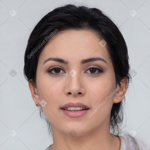 Joyful asian young-adult female with medium  black hair and brown eyes