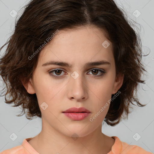 Neutral white young-adult female with medium  brown hair and brown eyes