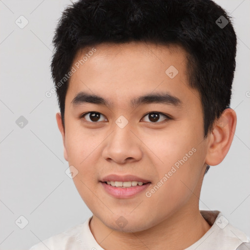 Joyful white young-adult male with short  black hair and brown eyes