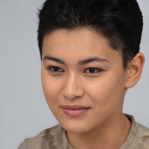 Joyful asian young-adult female with short  brown hair and brown eyes