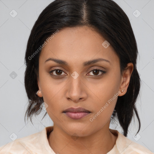 Neutral asian young-adult female with medium  brown hair and brown eyes