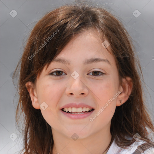 Joyful white child female with medium  brown hair and brown eyes