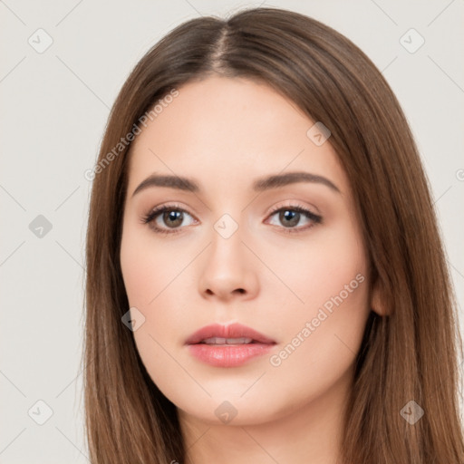 Neutral white young-adult female with long  brown hair and brown eyes