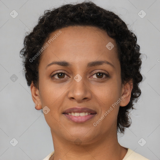 Joyful latino young-adult female with short  brown hair and brown eyes