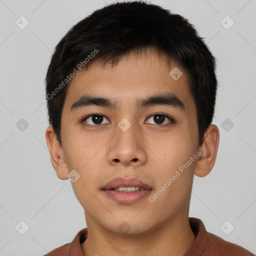 Neutral asian young-adult male with short  black hair and brown eyes