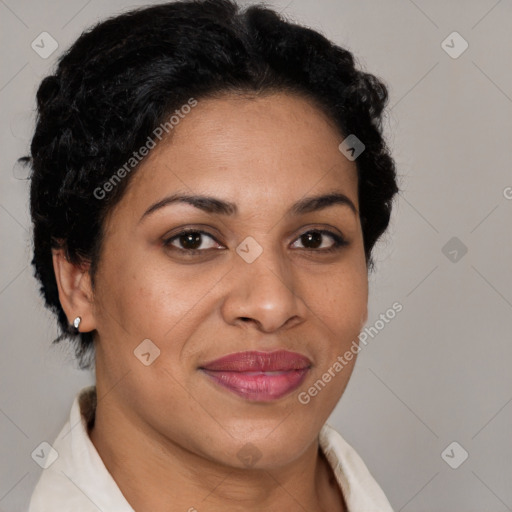 Joyful latino young-adult female with short  brown hair and brown eyes