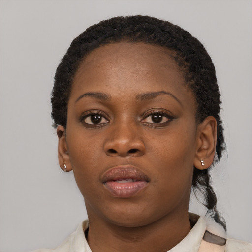 Neutral black young-adult female with short  brown hair and brown eyes