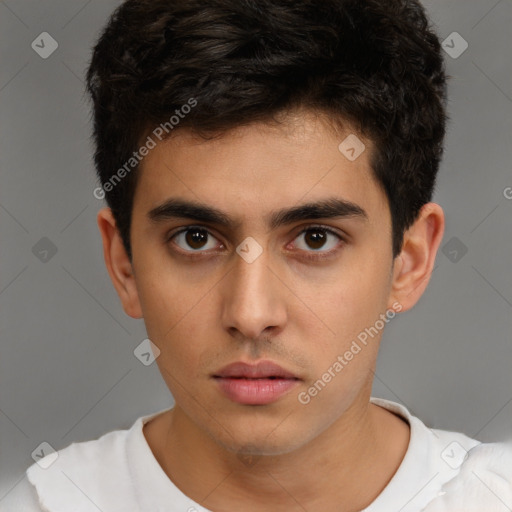 Neutral white young-adult male with short  brown hair and brown eyes