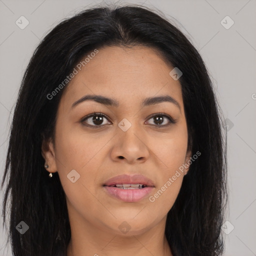 Joyful asian young-adult female with long  brown hair and brown eyes