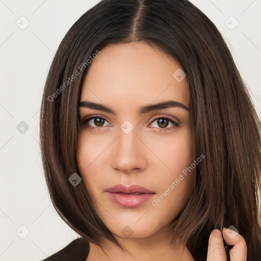 Neutral white young-adult female with long  brown hair and brown eyes