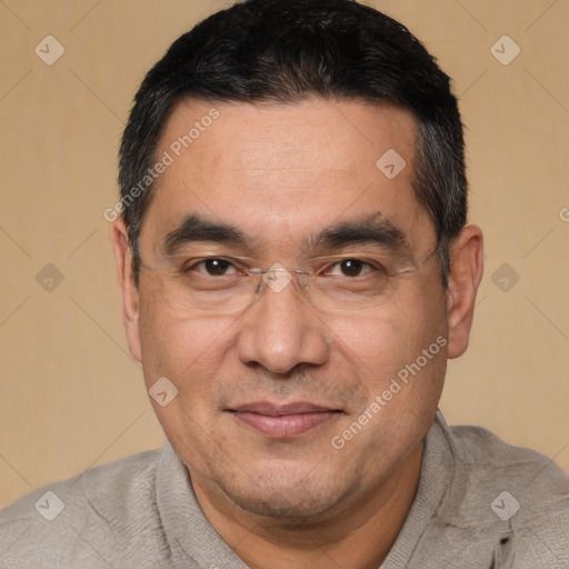 Joyful white adult male with short  black hair and brown eyes