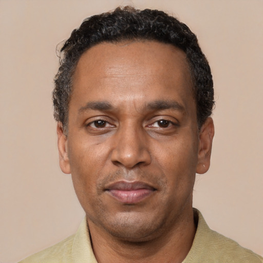 Neutral black adult male with short  brown hair and brown eyes