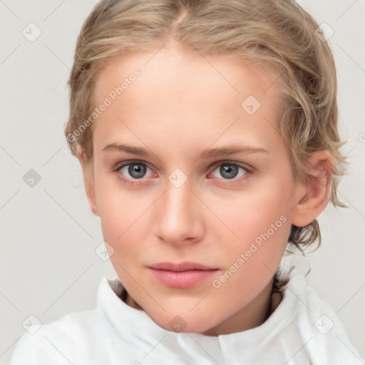 Neutral white child female with medium  brown hair and blue eyes