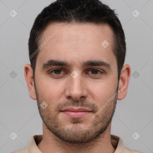 Neutral white young-adult male with short  brown hair and brown eyes