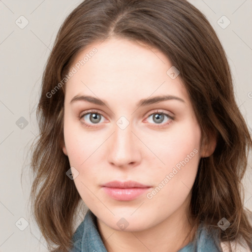 Neutral white young-adult female with medium  brown hair and grey eyes