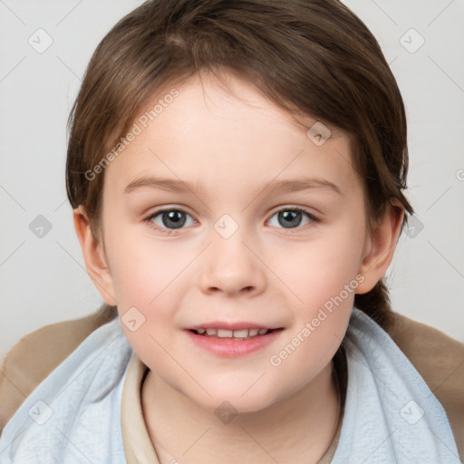 Joyful white child female with medium  brown hair and brown eyes