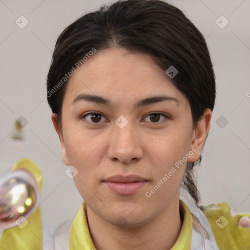 Neutral white young-adult female with medium  brown hair and brown eyes