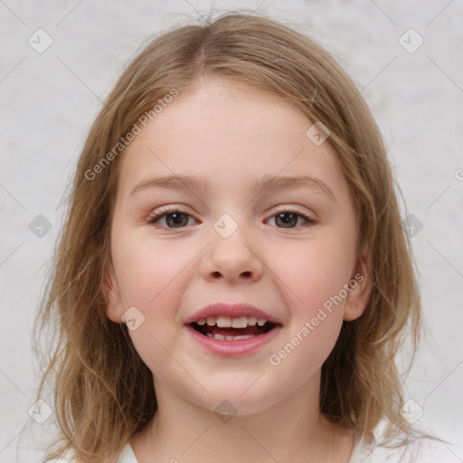 Joyful white child female with medium  brown hair and blue eyes