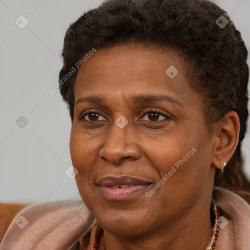 Joyful black adult female with short  brown hair and brown eyes