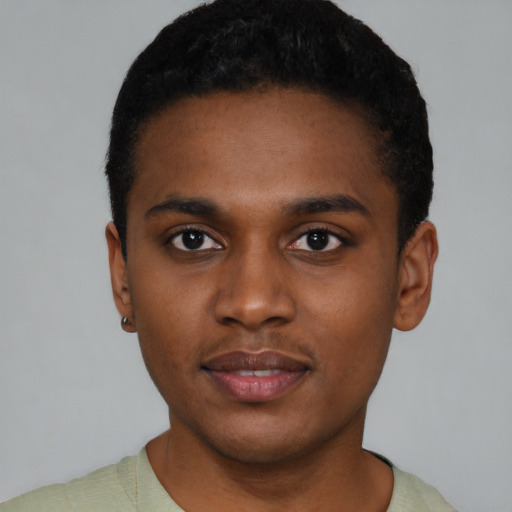 Neutral black young-adult male with short  black hair and brown eyes