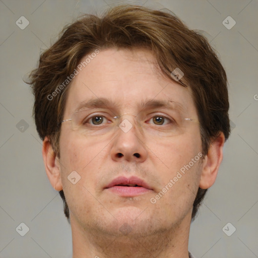 Neutral white adult male with short  brown hair and grey eyes