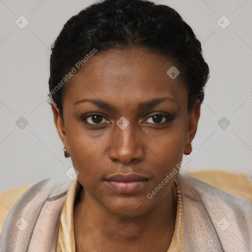 Neutral black young-adult female with short  brown hair and brown eyes