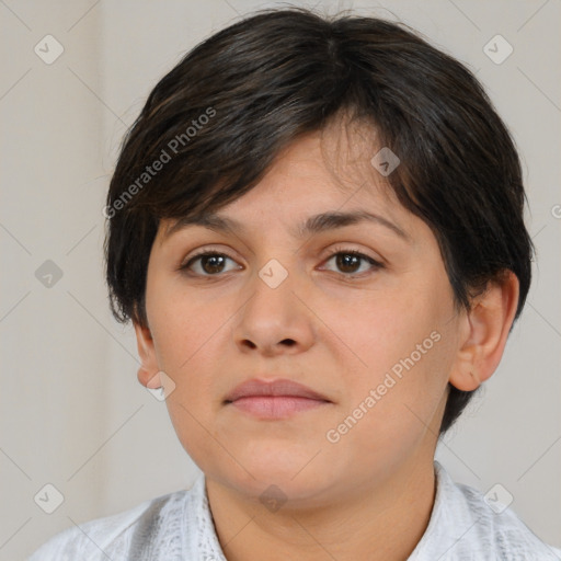 Neutral white young-adult female with short  brown hair and brown eyes