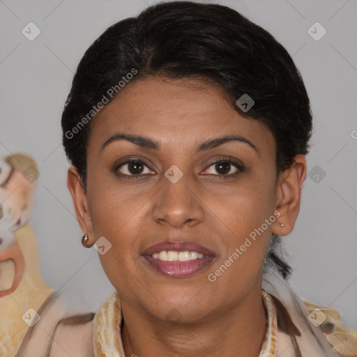 Joyful latino young-adult female with medium  brown hair and brown eyes