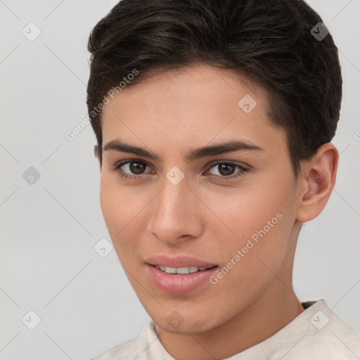 Joyful white young-adult female with short  brown hair and brown eyes