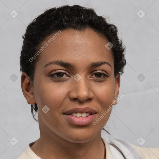 Joyful latino young-adult female with short  brown hair and brown eyes