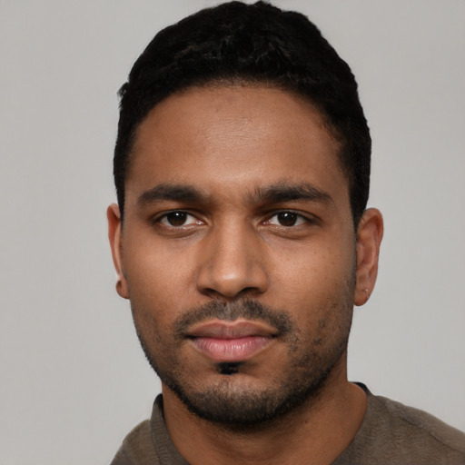 Neutral black young-adult male with short  black hair and brown eyes