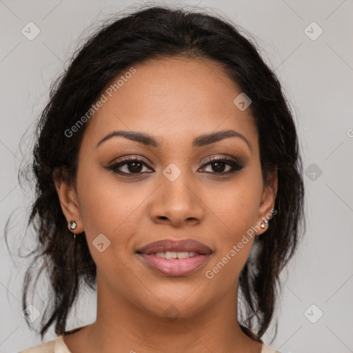 Joyful latino young-adult female with medium  brown hair and brown eyes