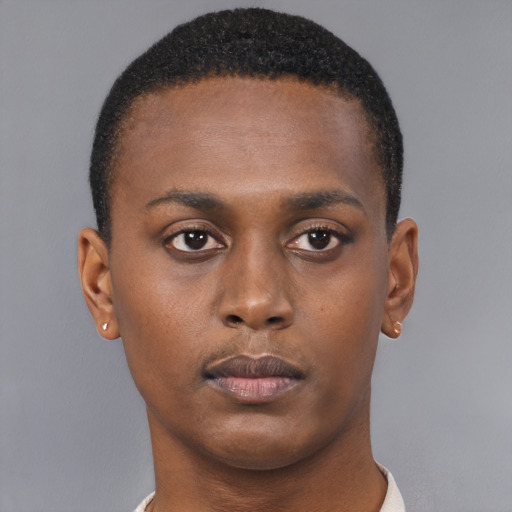 Neutral black young-adult male with short  brown hair and brown eyes