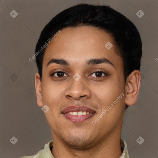 Joyful latino young-adult female with short  black hair and brown eyes