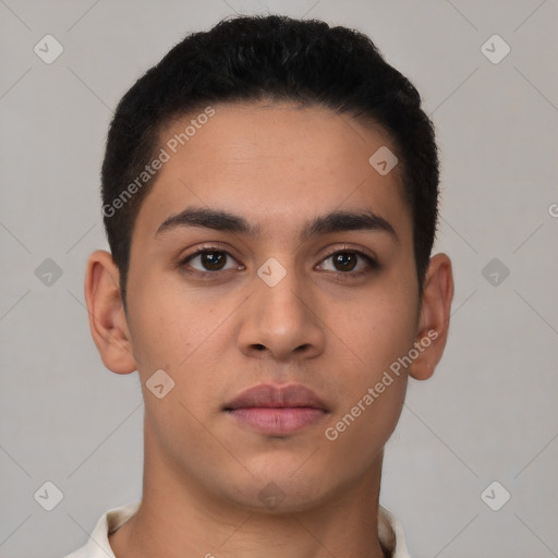 Neutral latino young-adult male with short  brown hair and brown eyes