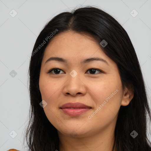 Joyful asian young-adult female with long  brown hair and brown eyes