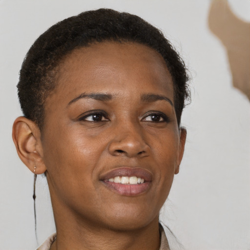 Joyful black young-adult female with short  brown hair and brown eyes