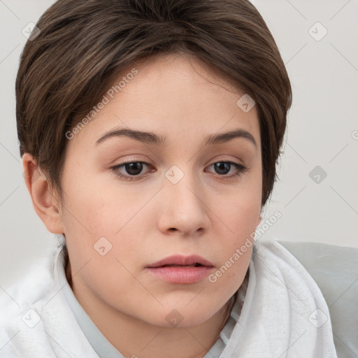 Neutral white young-adult female with short  brown hair and brown eyes