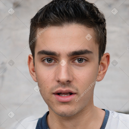 Neutral white young-adult male with short  brown hair and brown eyes