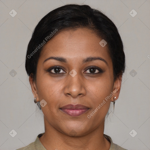 Joyful black young-adult female with medium  black hair and brown eyes