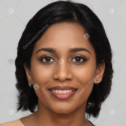 Joyful latino young-adult female with medium  black hair and brown eyes