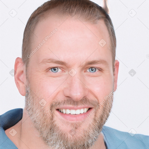 Joyful white adult male with short  brown hair and grey eyes