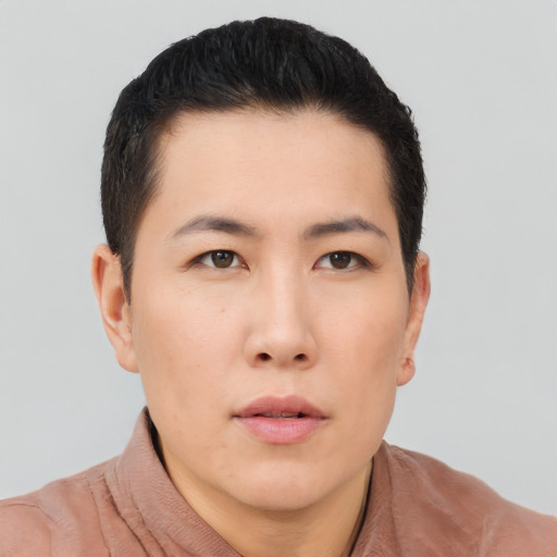 Neutral asian young-adult male with short  black hair and brown eyes