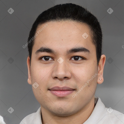 Joyful latino young-adult male with short  black hair and brown eyes