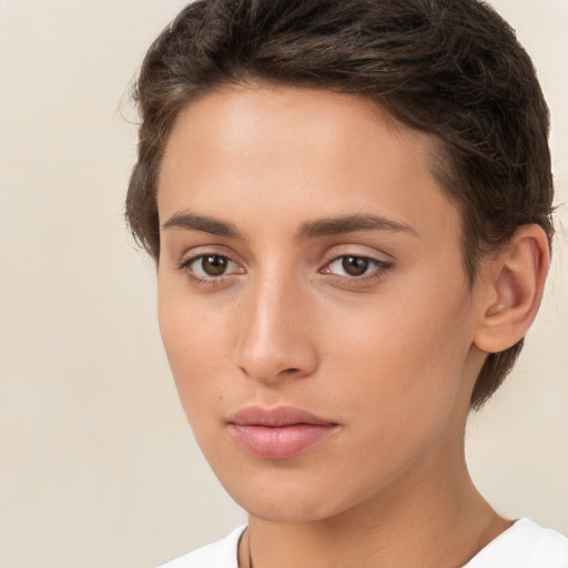 Neutral white young-adult female with short  brown hair and brown eyes